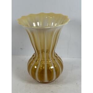 Vintage Fenton Amber Opalescent Swirl Ribbed Art Glass Vase 10” Scalloped Rim